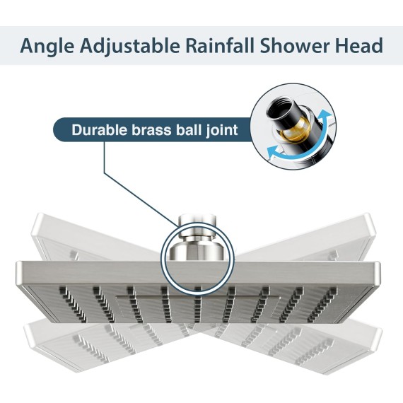 Square Shower Head, 8 Inch High Pressure Rain Shower Head, Angle Adjustable High Flow Rainfall Showerhead for Luxury Shower Experience, Brushed Nickel