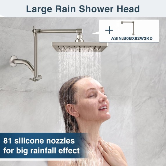 Square Shower Head, 8 Inch High Pressure Rain Shower Head, Angle Adjustable High Flow Rainfall Showerhead for Luxury Shower Experience, Brushed Nickel
