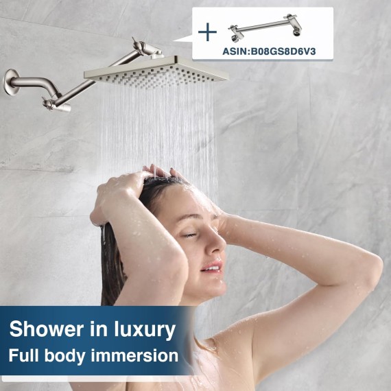 Square Shower Head, 8 Inch High Pressure Rain Shower Head, Angle Adjustable High Flow Rainfall Showerhead for Luxury Shower Experience, Brushed Nickel