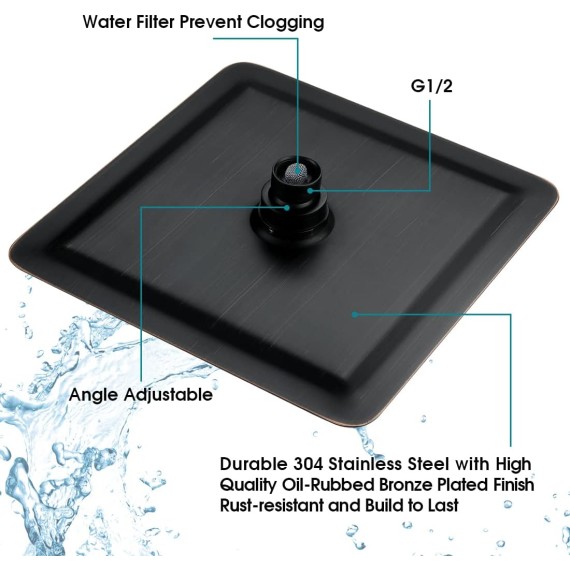 Rain Shower Head with 10 Inch Adjustable Extension Arm Combo, 8 Inch High Pressure Stainless Steel Rainfall Showerhead, Ultra Thin Square Design Easy to Install, Oil-Rubbed Bronze