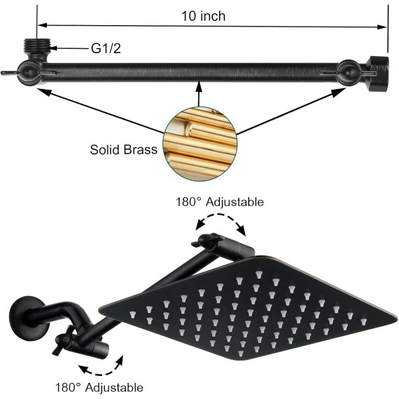 Rain Shower Head with 10 Inch Adjustable Extension Arm Combo, 8 Inch High Pressure Stainless Steel Rainfall Showerhead, Ultra Thin Square Design Easy to Install, Oil-Rubbed Bronze