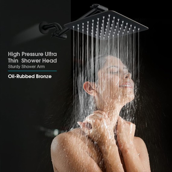 Rain Shower Head with 10 Inch Adjustable Extension Arm Combo, 8 Inch High Pressure Stainless Steel Rainfall Showerhead, Ultra Thin Square Design Easy to Install, Oil-Rubbed Bronze