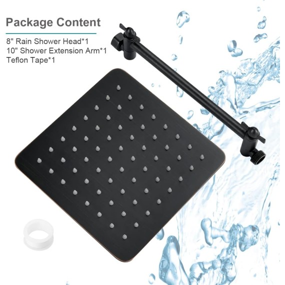 Rain Shower Head with 10 Inch Adjustable Extension Arm Combo, 8 Inch High Pressure Stainless Steel Rainfall Showerhead, Ultra Thin Square Design Easy to Install, Oil-Rubbed Bronze