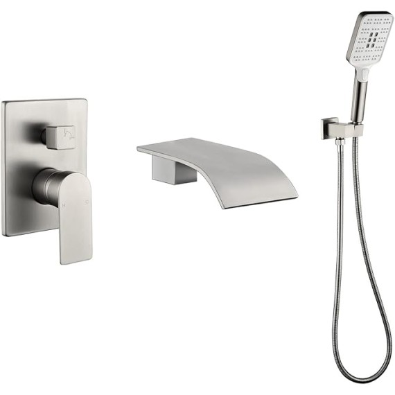Tub Filler Faucet with Hand Shower Bath Tub Faucets with Rough-in Valve Trim Kit Wall Mounted Waterfall Bathtub Faucets Brushed Nickel