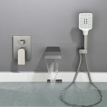 Tub Filler Faucet with Hand Shower Bath Tub Faucets with Rough-in Valve Trim Kit Wall Mounted Waterfall Bathtub Faucets Brushed Nickel