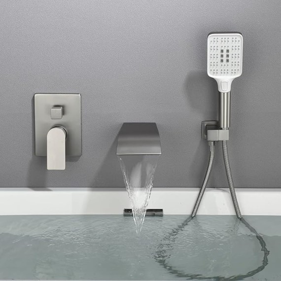 Tub Filler Faucet with Hand Shower Bath Tub Faucets with Rough-in Valve Trim Kit Wall Mounted Waterfall Bathtub Faucets Brushed Nickel