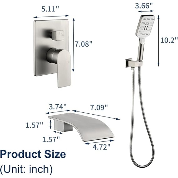 Tub Filler Faucet with Hand Shower Bath Tub Faucets with Rough-in Valve Trim Kit Wall Mounted Waterfall Bathtub Faucets Brushed Nickel