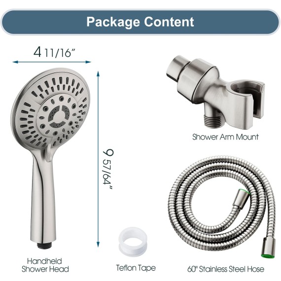 9 Spray Settings Shower Head with Handheld High Pressure Brushed Nickel Hand Held Showerhead with 60 Inch Stainless Steel Hose and Adjustable Overhead Bracket
