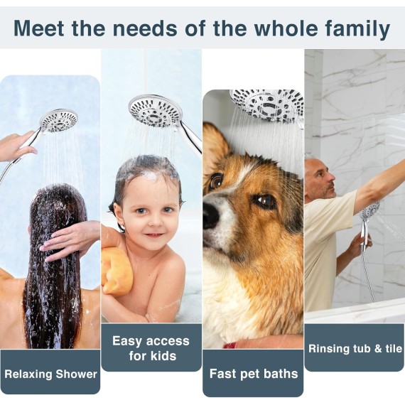 9 Spray Settings Shower Head with Handheld High Pressure Hand Held Showerhead with 60 Inch Stainless Steel Hose and Adjustable Overhead Bracket, Chrome