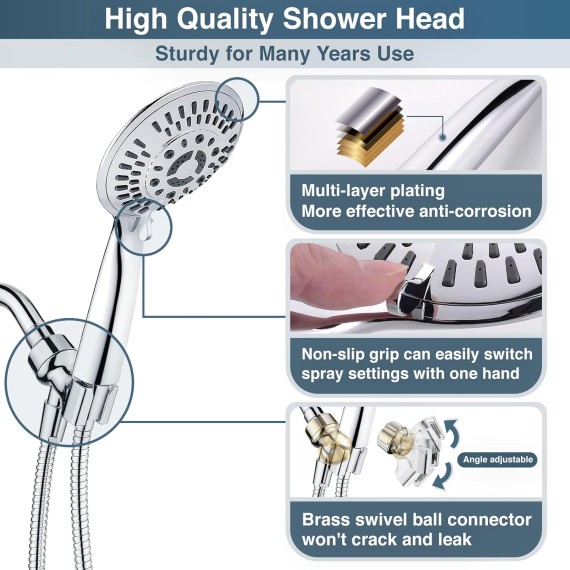9 Spray Settings Shower Head with Handheld High Pressure Hand Held Showerhead with 60 Inch Stainless Steel Hose and Adjustable Overhead Bracket, Chrome