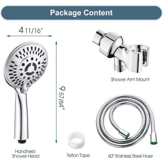 9 Spray Settings Shower Head with Handheld High Pressure Hand Held Showerhead with 60 Inch Stainless Steel Hose and Adjustable Overhead Bracket, Chrome