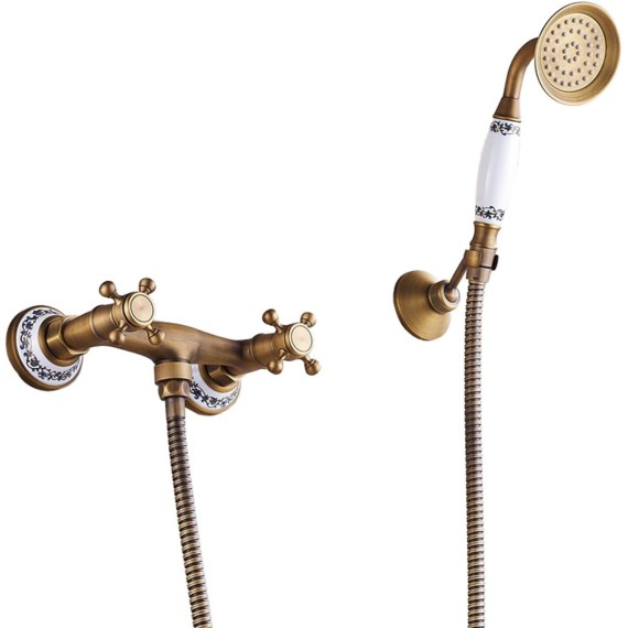 Shower Faucet Set Antique Brass Ceramics Bathtub Faucets with Handheld Shower Wall Mount Bathroom Tub Faucet Double Cross Knobs Hot and Cold Shower Mixer Tap