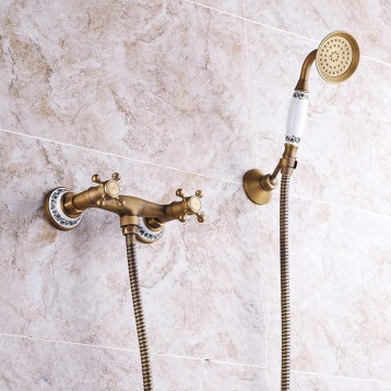 Shower Faucet Set Antique Brass Ceramics Bathtub Faucets with Handheld Shower Wall Mount Bathroom Tub Faucet Double Cross Knobs Hot and Cold Shower Mixer Tap