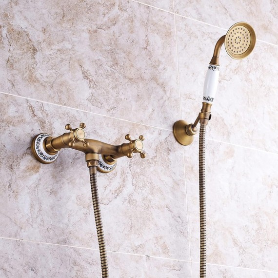 Shower Faucet Set Antique Brass Ceramics Bathtub Faucets with Handheld Shower Wall Mount Bathroom Tub Faucet Double Cross Knobs Hot and Cold Shower Mixer Tap