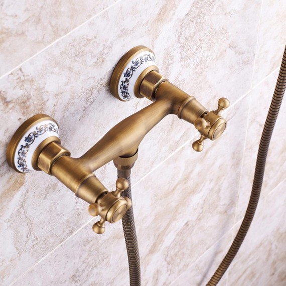 Shower Faucet Set Antique Brass Ceramics Bathtub Faucets with Handheld Shower Wall Mount Bathroom Tub Faucet Double Cross Knobs Hot and Cold Shower Mixer Tap