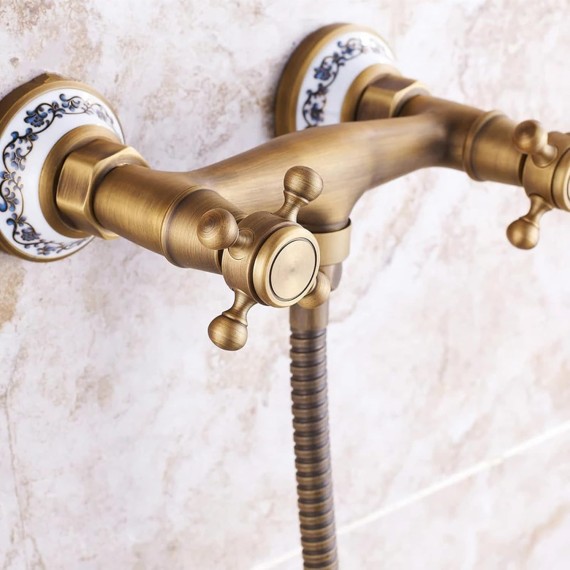 Shower Faucet Set Antique Brass Ceramics Bathtub Faucets with Handheld Shower Wall Mount Bathroom Tub Faucet Double Cross Knobs Hot and Cold Shower Mixer Tap