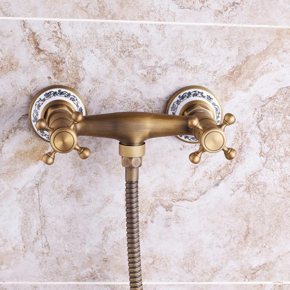 Shower Faucet Set Antique Brass Ceramics Bathtub Faucets with Handheld Shower Wall Mount Bathroom Tub Faucet Double Cross Knobs Hot and Cold Shower Mixer Tap