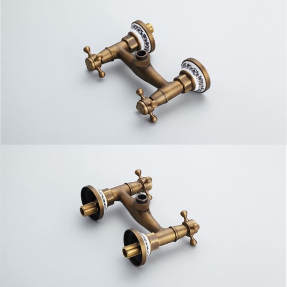 Shower Faucet Set Antique Brass Ceramics Bathtub Faucets with Handheld Shower Wall Mount Bathroom Tub Faucet Double Cross Knobs Hot and Cold Shower Mixer Tap