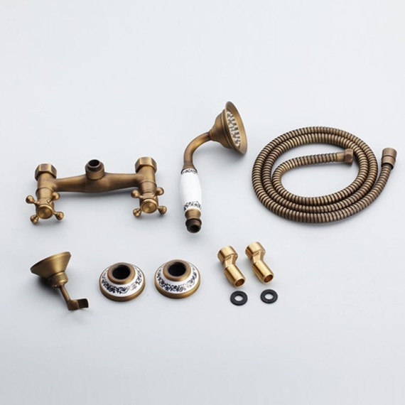 Shower Faucet Set Antique Brass Ceramics Bathtub Faucets with Handheld Shower Wall Mount Bathroom Tub Faucet Double Cross Knobs Hot and Cold Shower Mixer Tap