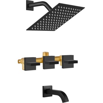 3 Handle Tub Shower Faucet with Tub Spout,8-inch Rainfall Bathtub Rain Shower Faucet Set and Rough-in Valve Wall Mount Bathroom Trim Kit Shower System, Square Shower Head Matte Black