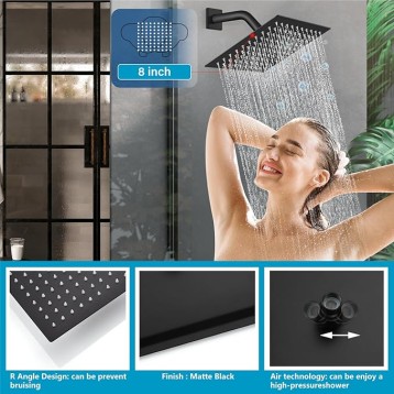 3 Handle Tub Shower Faucet with Tub Spout,8-inch Rainfall Bathtub Rain Shower Faucet Set and Rough-in Valve Wall Mount Bathroom Trim Kit Shower System, Square Shower Head Matte Black