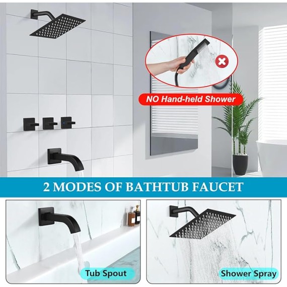 3 Handle Tub Shower Faucet with Tub Spout,8-inch Rainfall Bathtub Rain Shower Faucet Set and Rough-in Valve Wall Mount Bathroom Trim Kit Shower System, Square Shower Head Matte Black