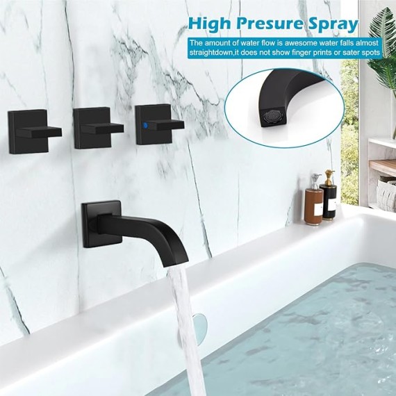 3 Handle Tub Shower Faucet with Tub Spout,8-inch Rainfall Bathtub Rain Shower Faucet Set and Rough-in Valve Wall Mount Bathroom Trim Kit Shower System, Square Shower Head Matte Black