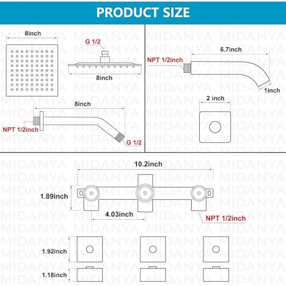 3 Handle Tub Shower Faucet with Tub Spout,8-inch Rainfall Bathtub Rain Shower Faucet Set and Rough-in Valve Wall Mount Bathroom Trim Kit Shower System, Square Shower Head Matte Black