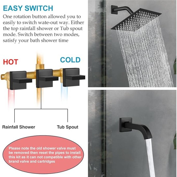 3 Handle Tub Shower Faucet with Tub Spout,8-inch Rainfall Bathtub Rain Shower Faucet Set and Rough-in Valve Wall Mount Bathroom Trim Kit Shower System, Square Shower Head Matte Black