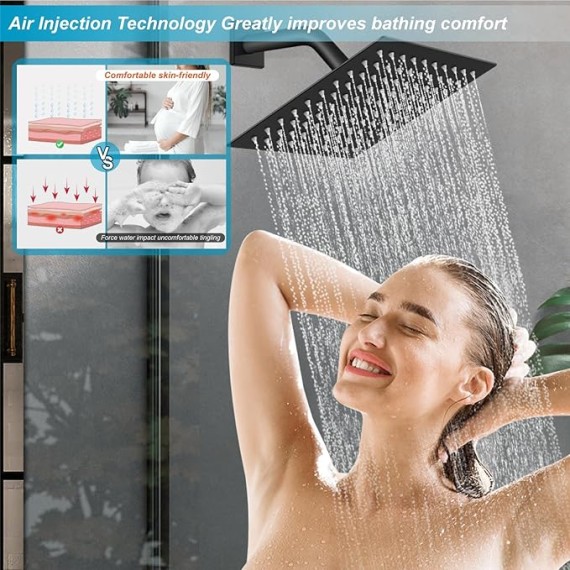 3 Handle Tub Shower Faucet with Tub Spout,8-inch Rainfall Bathtub Rain Shower Faucet Set and Rough-in Valve Wall Mount Bathroom Trim Kit Shower System, Square Shower Head Matte Black