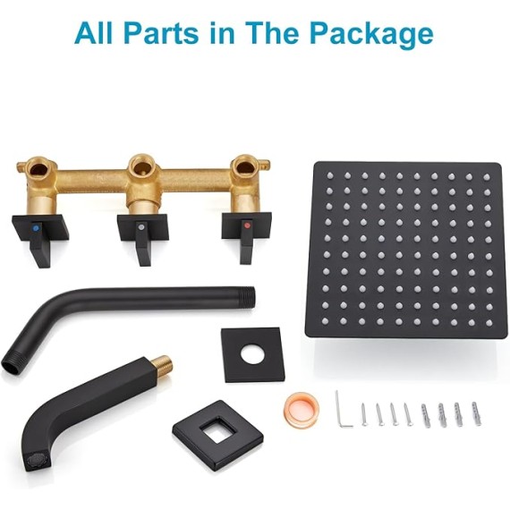 3 Handle Tub Shower Faucet with Tub Spout,8-inch Rainfall Bathtub Rain Shower Faucet Set and Rough-in Valve Wall Mount Bathroom Trim Kit Shower System, Square Shower Head Matte Black