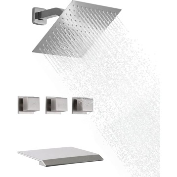 Wall Mount 3 Handles Tub Shower Faucet Bathroom Bathtub Faucet with Waterfall Tub Spout High Flow Tub and Shower Trim Kit with Valve, Brushed Nickel