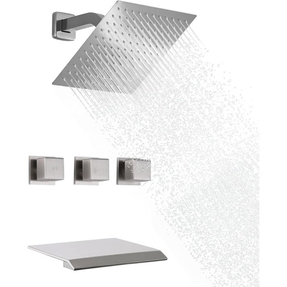 Wall Mount 3 Handles Tub Shower Faucet Bathroom Bathtub Faucet with Waterfall Tub Spout High Flow Tub and Shower Trim Kit with Valve, Brushed Nickel