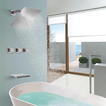 Wall Mount 3 Handles Tub Shower Faucet Bathroom Bathtub Faucet with Waterfall Tub Spout High Flow Tub and Shower Trim Kit with Valve, Brushed Nickel