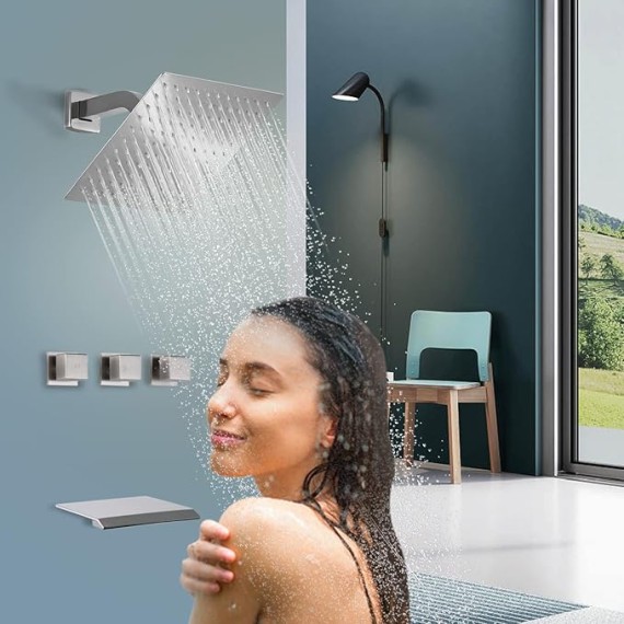 Wall Mount 3 Handles Tub Shower Faucet Bathroom Bathtub Faucet with Waterfall Tub Spout High Flow Tub and Shower Trim Kit with Valve, Brushed Nickel