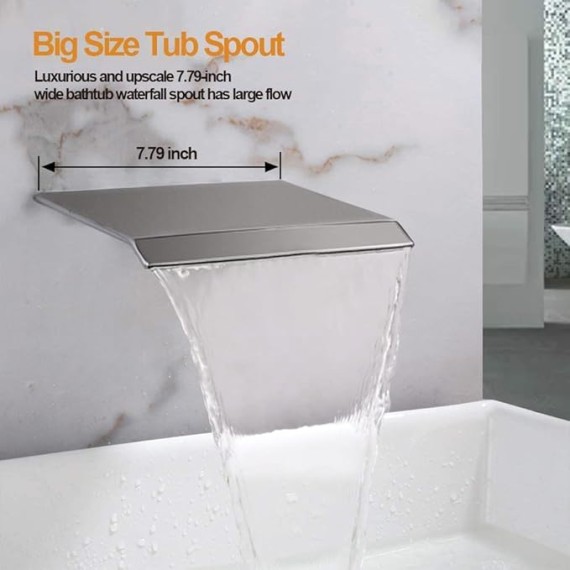 Wall Mount 3 Handles Tub Shower Faucet Bathroom Bathtub Faucet with Waterfall Tub Spout High Flow Tub and Shower Trim Kit with Valve, Brushed Nickel
