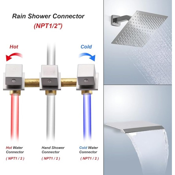 Wall Mount 3 Handles Tub Shower Faucet Bathroom Bathtub Faucet with Waterfall Tub Spout High Flow Tub and Shower Trim Kit with Valve, Brushed Nickel