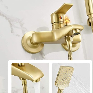 Gold Bathtub Faucet with Hand Shower, Wall Mount Tub Faucet Brass, Single Handle Bathtub Faucet, Bathtub Mixer Tap, Bathroom Tub Filler, Bathroom Faucet