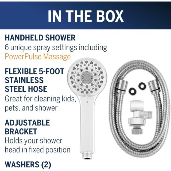 High Pressure Hand Held Shower Head With Hose, PowerPulse Massage 6-Mode, Chrome XAL-643ME