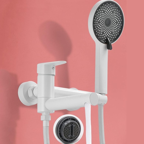 Bathtub Faucet White, Tub Faucet with Handheld Shower 3 Functions, 90° Swivel Spout, Wall Mounted Bathtub Faucet, Bathtub Mixer Tap, Single Handle Tub Faucet, Bathroom Faucet,Round