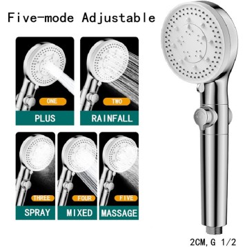 High Pressure Black Shower Head 5 Functions with Switch On/Off Button Spray Water Saving Shower Adjustable Bath Showerheads (Color : Silver Shower)