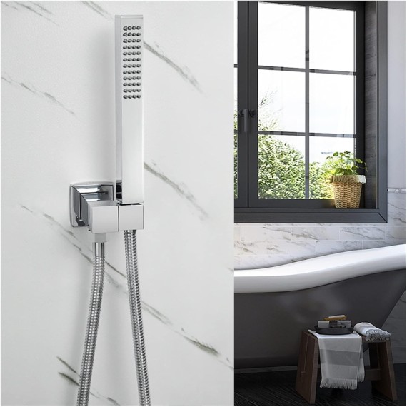 High Pressure Handheld Shower Head Wall Mount Brass Square Hand Held Showerhead Sprayer Holder Adjustable Bracket Chrome Plating (Color : Type A Whole Set)