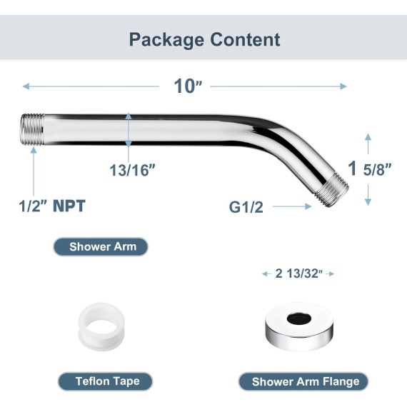 Shower Arm with Flange 10 Inches Solid Brass Shower Head Extension Arm, Wall Mounted Shower Pipe Arm for Rainfall Shower Head and Handheld Showerhead, Chrome