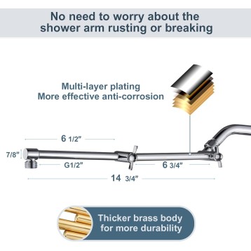 Brass Shower Arm Extender for Rain and Handheld Shower Head, 14 Inch Universal Shower Head Extension Arm, Adjustable Height & Angle, Chrome