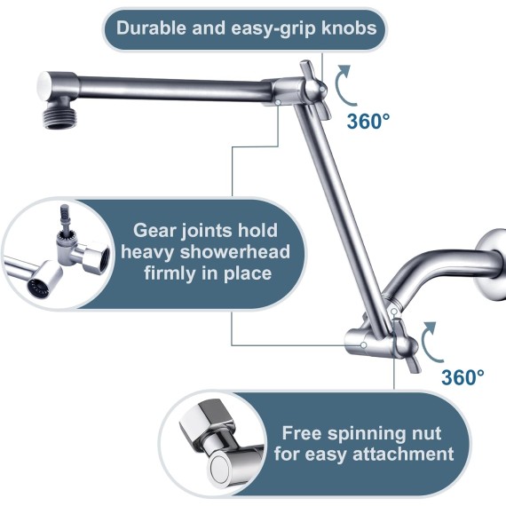 Brass Shower Arm Extender for Rain and Handheld Shower Head, 14 Inch Universal Shower Head Extension Arm, Adjustable Height & Angle, Chrome
