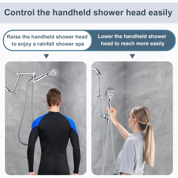 Brass Shower Arm Extender for Rain and Handheld Shower Head, 14 Inch Universal Shower Head Extension Arm, Adjustable Height & Angle, Chrome