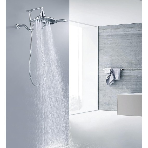 Brass Shower Arm Extender for Rain and Handheld Shower Head, 14 Inch Universal Shower Head Extension Arm, Adjustable Height & Angle, Chrome