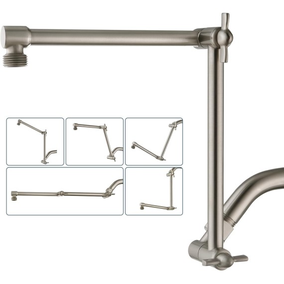 Brass Shower Arm Extender for Rain and Handheld Shower Head, 14 Inch Universal Shower Head Extension Arm, Adjustable Height & Angle, Brushed Nickel