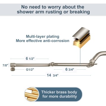 Brass Shower Arm Extender for Rain and Handheld Shower Head, 14 Inch Universal Shower Head Extension Arm, Adjustable Height & Angle, Brushed Nickel