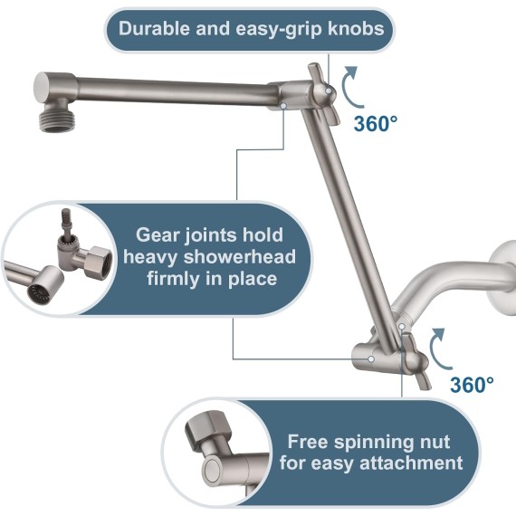 Brass Shower Arm Extender for Rain and Handheld Shower Head, 14 Inch Universal Shower Head Extension Arm, Adjustable Height & Angle, Brushed Nickel